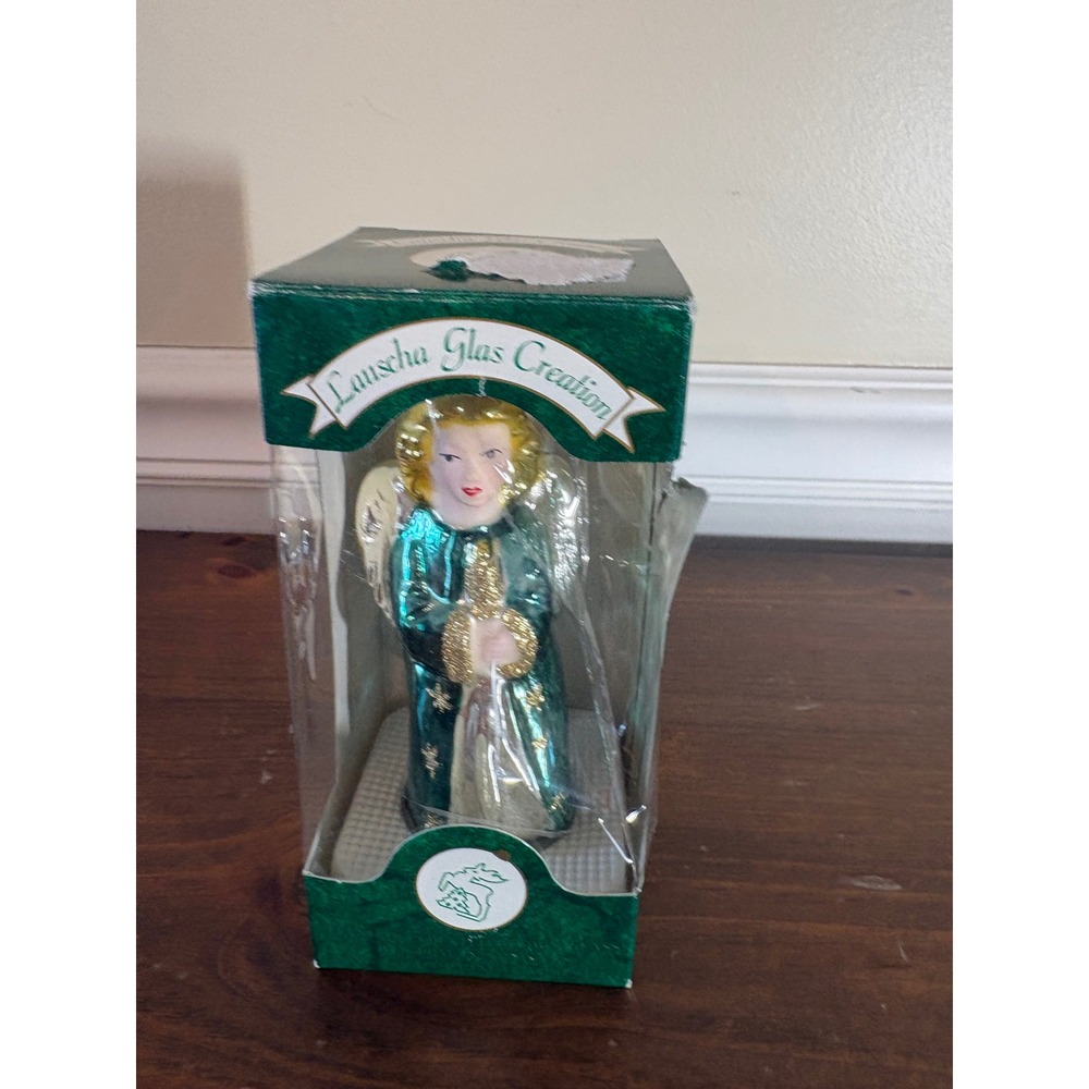 Lauscha Glas Creation German Glass Angel Ornament Teal Gold Star Krebs Family